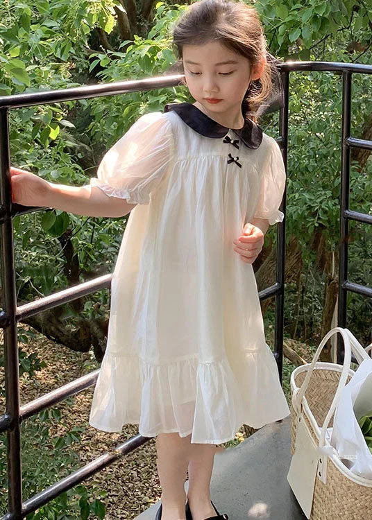 Rocker Chic Fashion Beautiful White Peter Pan Collar Wrinkled Patchwork Cotton Kids Girls Dress Summer