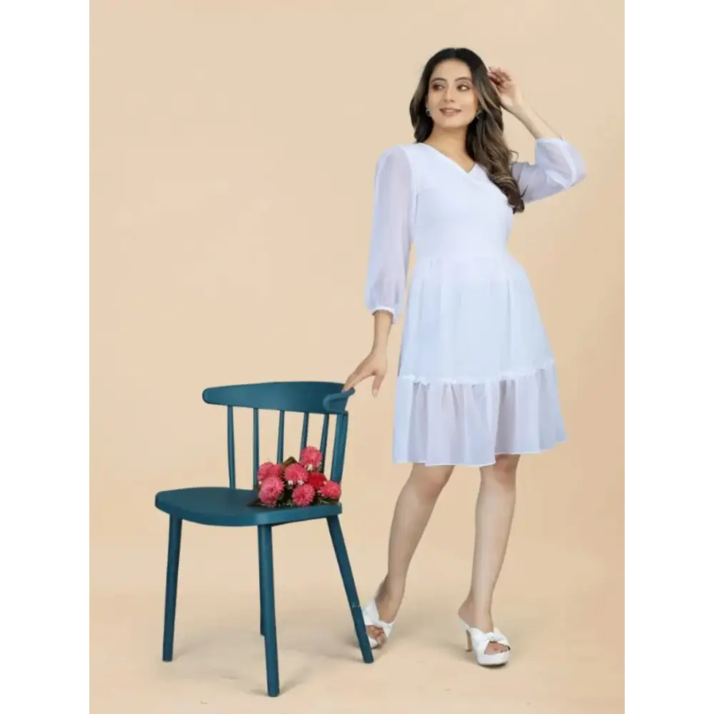 Online Boutique Stores Womens Georgette Fit Flared Ruffled Layered Dress