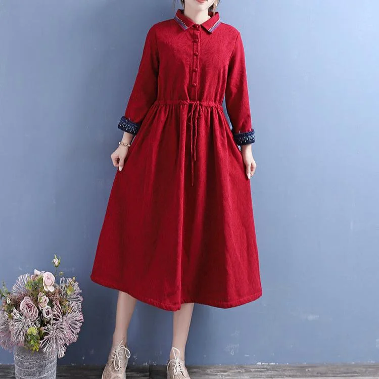 Women's Clothes Women Winter Vintage Cotton Linen Embroidered Floral Fleece-Lined Dress