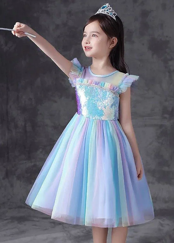 Big Sale Event Art Blue Gradient Ruffled Sequins Patchwork Tulle Kids Girls Dresses Summer
