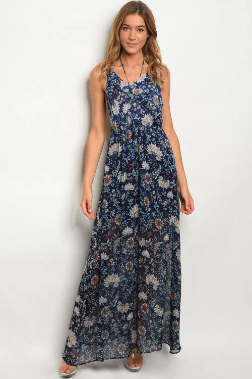 Classic Women's Fashion Navy Blue Floral Scoop Neck Maxi Dress