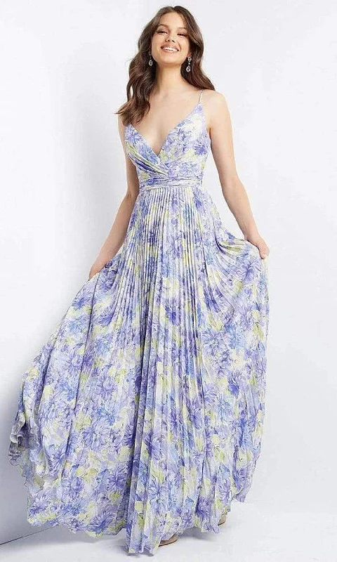 The Good Stuff JVN by Jovani - JVN08491 V Neck Floral Print Pleated Gown