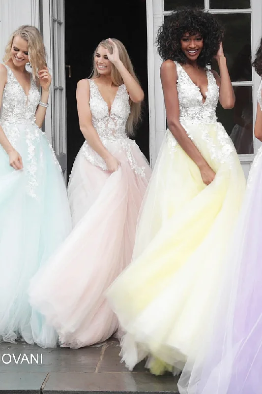 Trendy Street Style Jovani 55634 floral appliques prom dress ballgown Lace Tulle Long V Neck