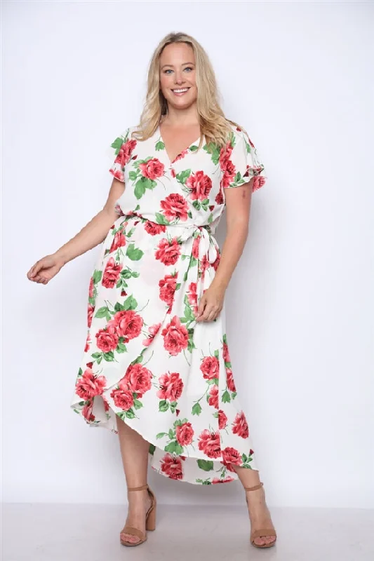Casual Fashion Fuschia Pink Floral Print High Low Plus Size Maxi Dress