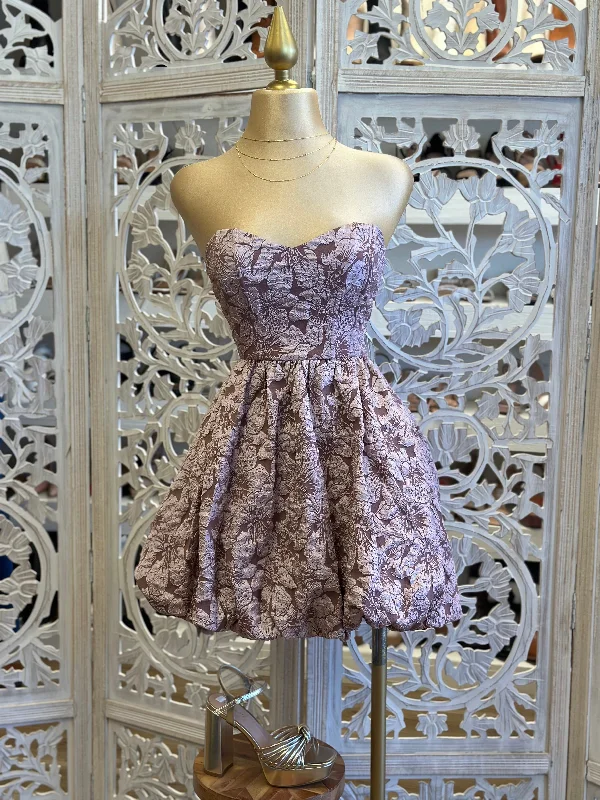 Fashion Essentials Strapless Floral Pattern Mini Puff Dress- Not Stretchy