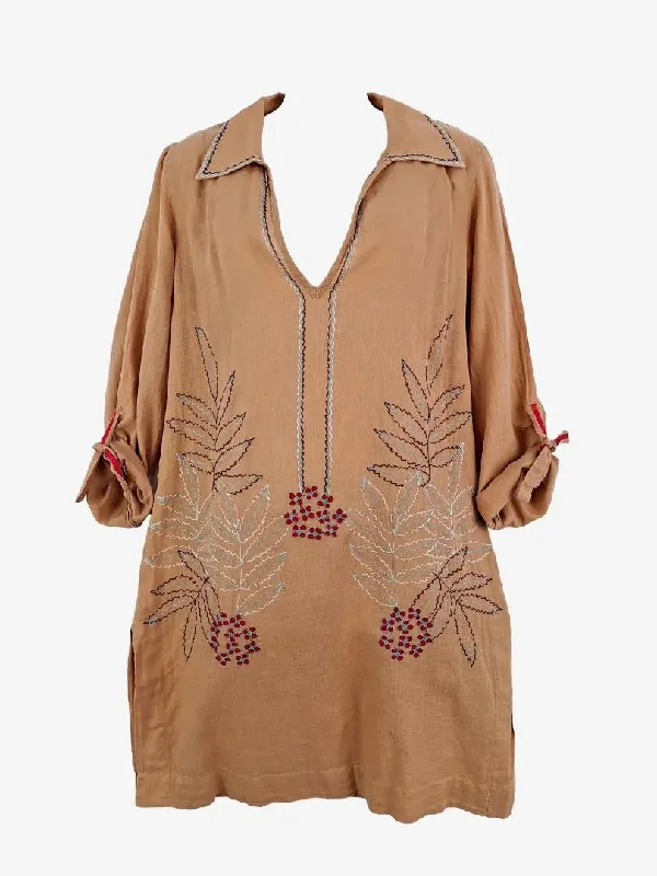 Chic And Trendy Lisa Ho Tan Light Cotton Embroidered Vacation Mini Dress Size 8