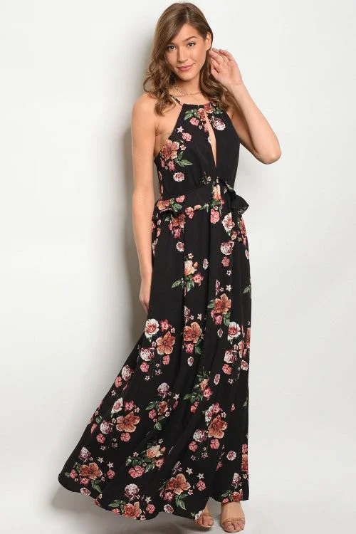 Vibrant Femme Fashion Misses Black Floral Peplum Peek A Boo Maxi Dress