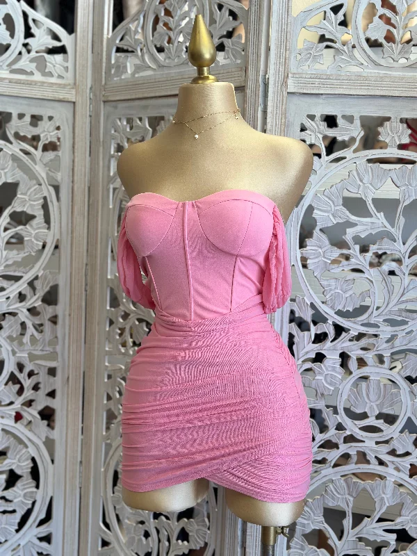 Massive Savings Bubble Pink Off Shoulder Ruched Mini Dress- Stretchy