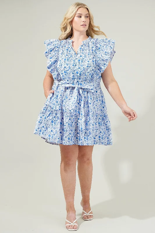 Unleash Your Trend Driven Style Hailey Floral Belted Mini Dress, Blue/White | Plus Size