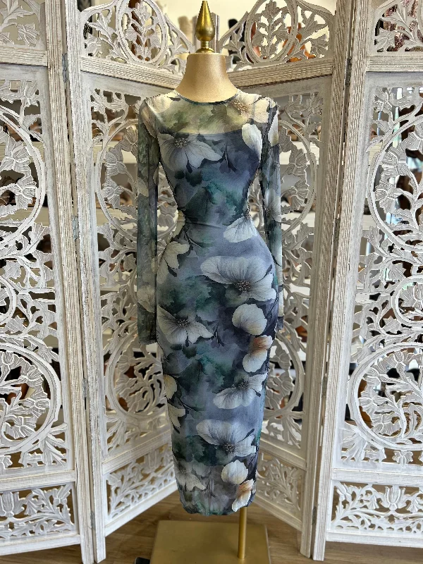 Unbeatable Prices Sheer Floral Blue Print Midi Dress- Stretchy