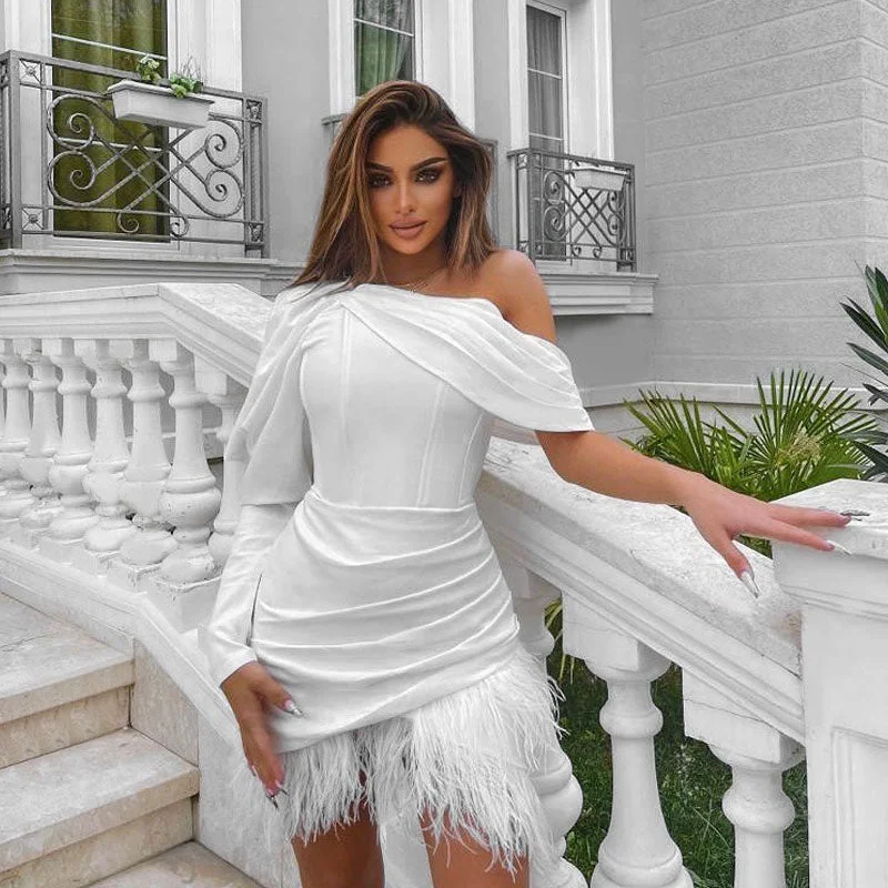 Trendy Urban Attire Puff Sleeve One Shoulder Corset Mini Dress - White
