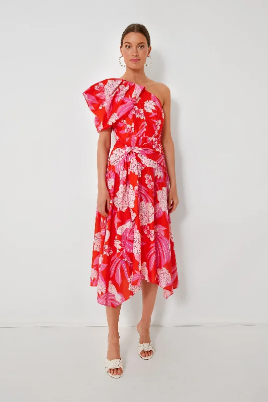 Trendy Women’s Apparel for All Seasons Dew Drop Floral Red Midi Dress