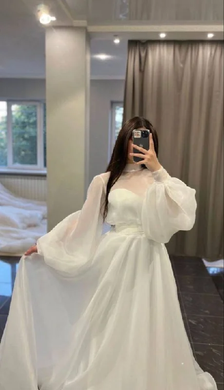 Affordable Luxury Fashion Beautiful A line White Tulle Wedding Dresses With Long Sleeves Y5572