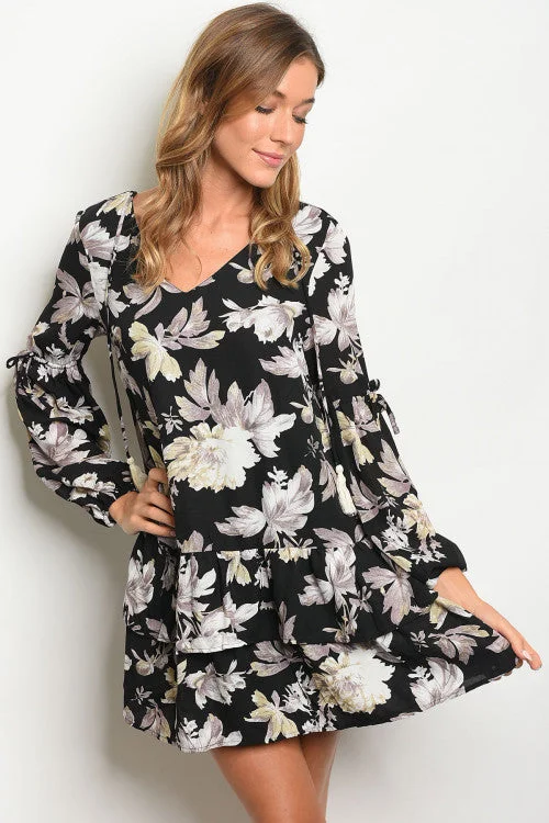 Sophisticated Outfits Black Floral Long Sleeve Tunic Dress