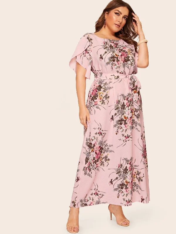 Unbeatable Deals Plus Floral Print Petal Sleeve Dress