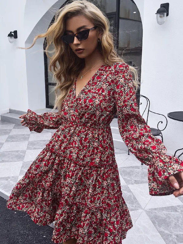 Limited Time Offer KittenAlarm - V-neck red floral mid-length casual long-sleeved dress