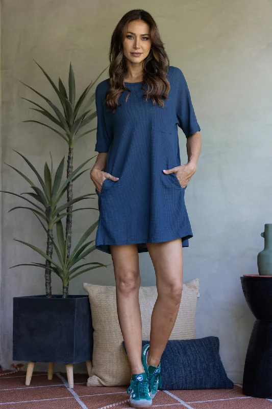 Trendy Fashion For Women DENIM RIBBED KNIT PATCH POCKET SHIRT MINI DRESS ND30183