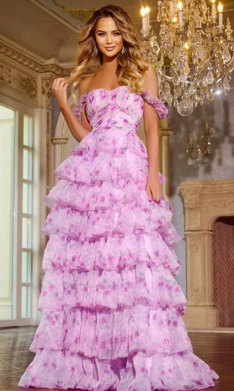 Hot Items Jovani 43786 - Floral Printed Tiered Ruffle Prom Gown