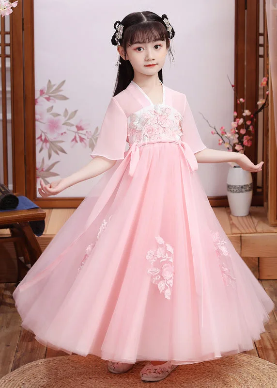 Women's Clothing Boutique Boutique Pink V Neck Layered Patchwork Tulle Girls Maxi Dress Short Sleeve