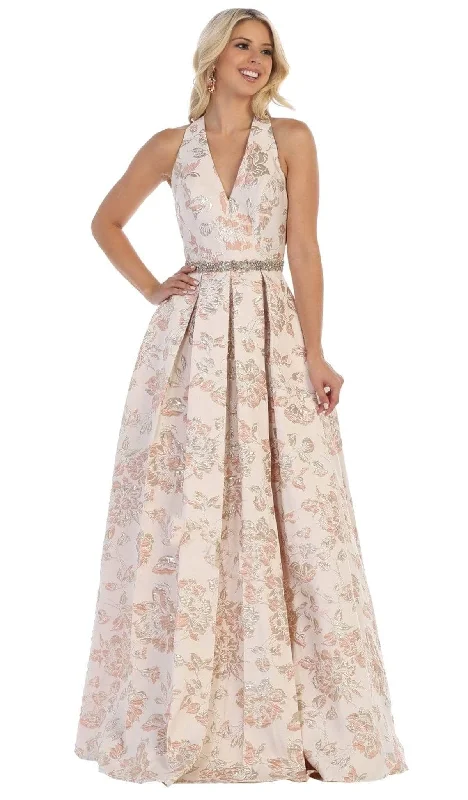 Shop The Hottest Deals May Queen RQ7731 - Plunging Halter Floral Prom Dress