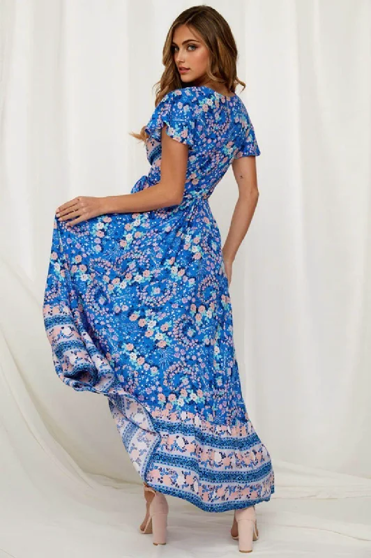 Affordable Women’s Clothing Online JuliaFashion - 2024 Short Sleeve Boho Floral High Split Maxi Dress