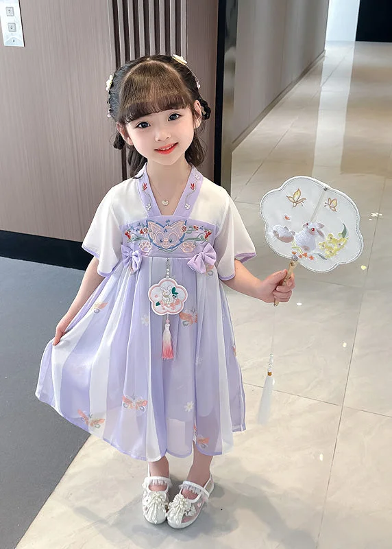 Timeless Elegance Purple V Neck Tassel Chiffon Girls Long Dresses Short Sleeve