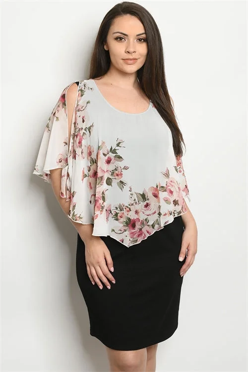 High End Fashion Black and Ivory Floral Plus Size Sheath Dress