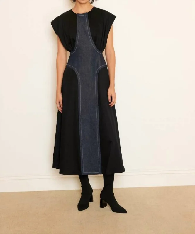 Chic Outfits Cap Sleeve Denim Panel Dress In Black