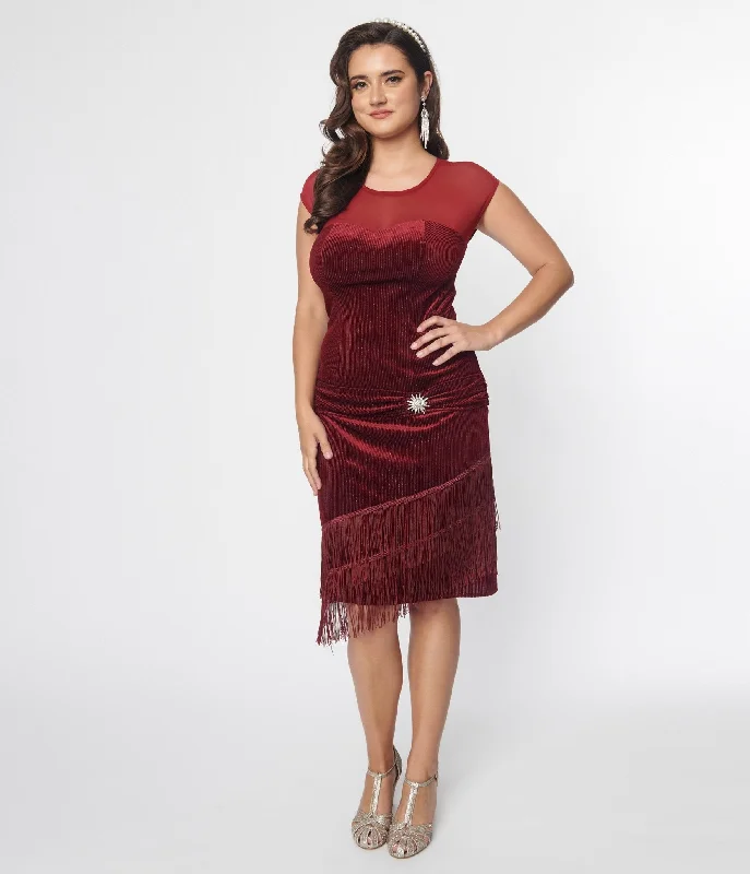 Trendy Threads Unique Vintage Burgundy Velvet Fringe Flapper Dress