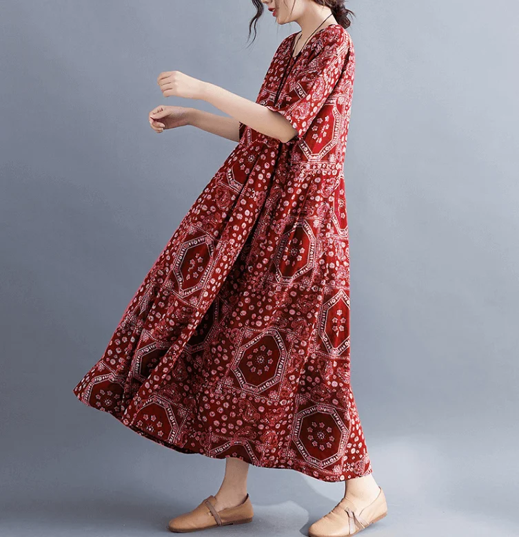 Online Boutiques Clothing Babakud Plus Size - Summer Floral Printed Linen Dress