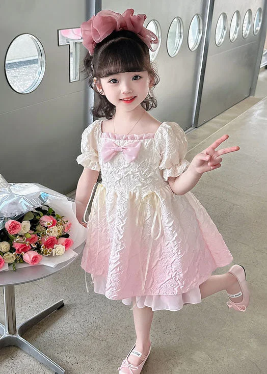 Athleisure Wear Chic Gradient Pink Ruffled Patchwork Cotton Kids Girls Dresses Summer