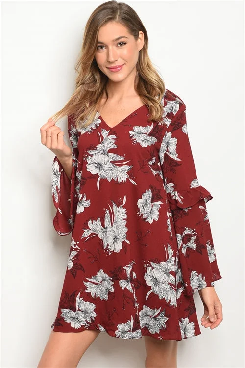 Imeless Style Wine Red Floral Bell Sleeve Tunic Dress