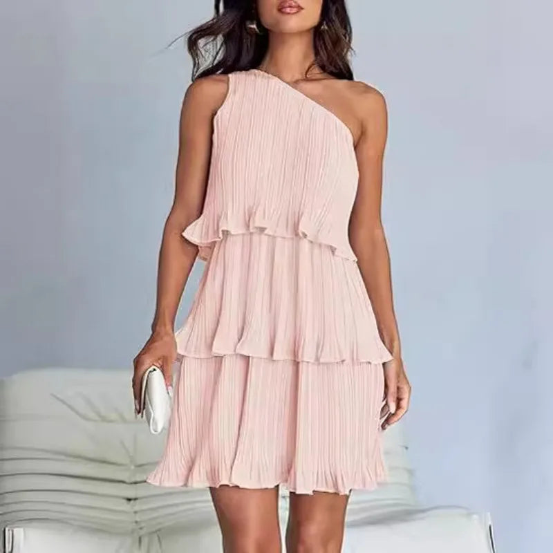 Chic Outfits Chic A-line Summer Women's 2024 New Sloping Shoulder Layered Ruffle Edge Patchwork Hem Solid Mini Dress Chic Outfits Chic A-line Summer Women's 2024 New Sloping Shoulder Layered Ruffle Edge Patchwork Hem Solid Mini Dress