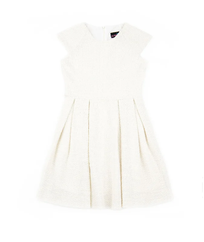 Woman Clothing By Debra Girls Ali Ivory Boucle Cap Sleeve Box Pleat Dress