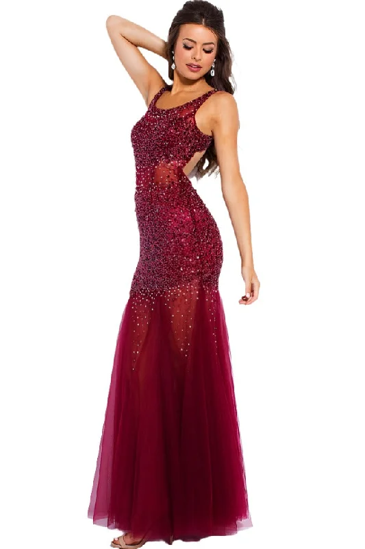 Limited Time Offer Jovani JVN55771 Size 0 Wine beaded Sheer tulle prom dress Mermaid Formal Gown