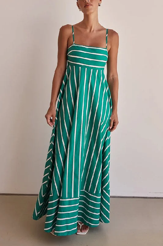 Versatile Wardrobe Essentials Stripe Print Sling Backless Pleated Maxi Dress
