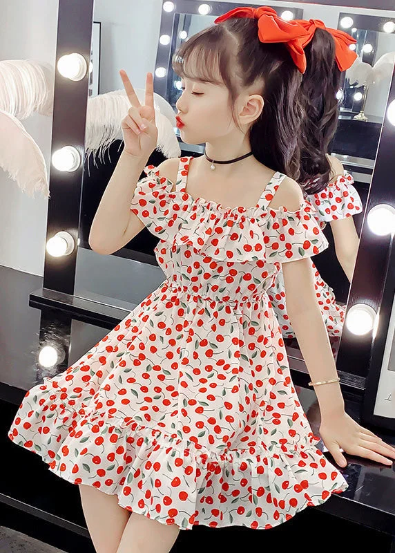 Vintage Fashion Chic Red Slash NeckPrint Ruffled Patchwork Chiffon Girls Long Dress