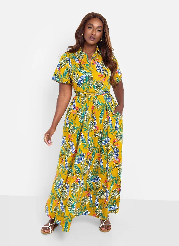 Limited Time Offers Allow Me Floral Print Button Top Skater Maxi Dress - Mustard