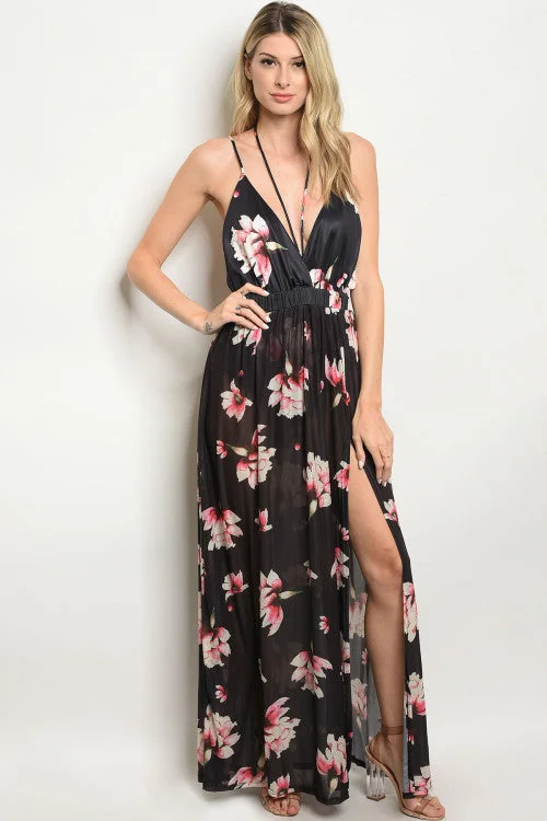 Casual Fashion Black Floral Plunging Neckline Maxi Dress