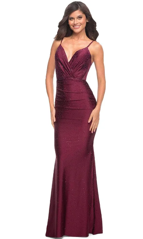 Urban Fashion La Femme 30589SC - Sheer Back Beaded Prom Gown