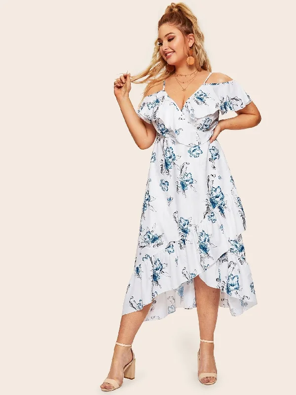 Trendy Women'S Wear Collection Plus Floral Print Ruffle Tulip Hem Dress