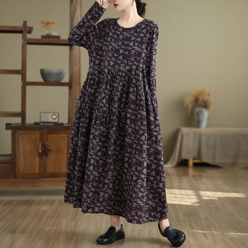 Women's Clothing Online Sale Babakud Women Autumn Retro Loose Cotton Linen Printed Floral Dress