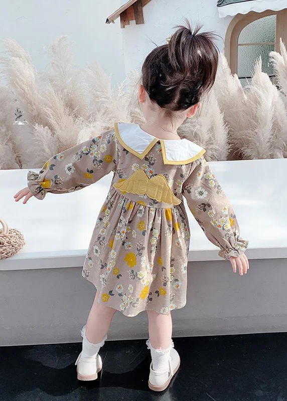 Laid-Back Elegance Modern Brown Embroideried Print Girls Vacation Long Dresses Long Sleeve