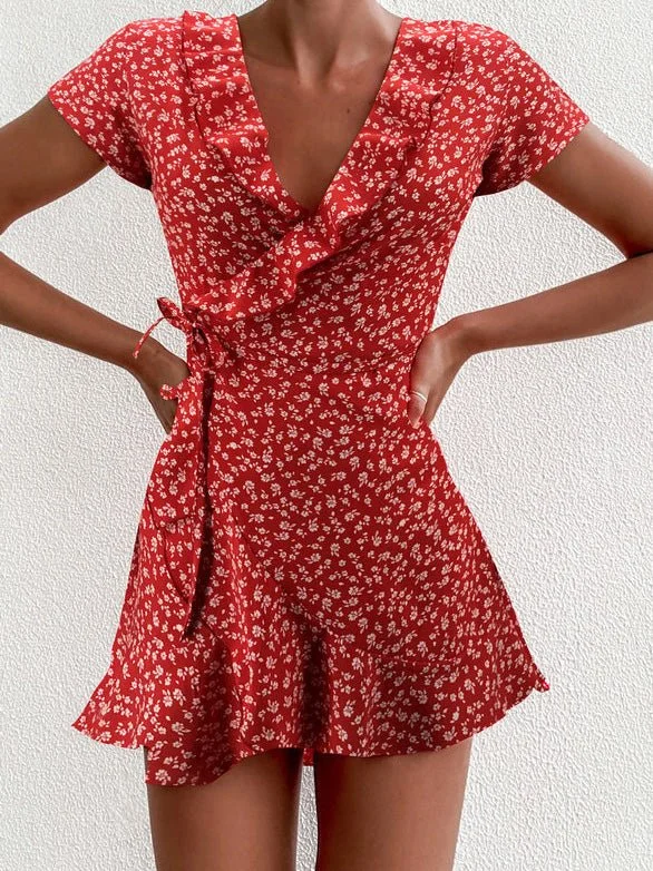 Elegant Women’s Clothing Floral V-Neck Ruffled Lace-Up Dress