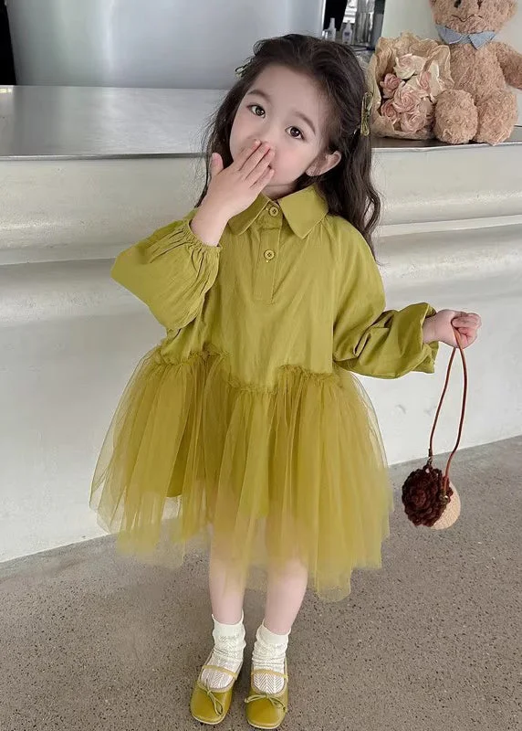 Sophisticated Style Modern Light Green Peter Pan Collar Tulle Patchwork Girls Long Dress Long Sleeve