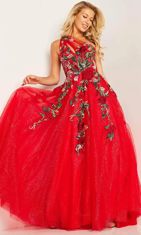 Elegant Style JVN by Jovani JVN38469 - Floral Embroidered One-Sleeve Ballgown