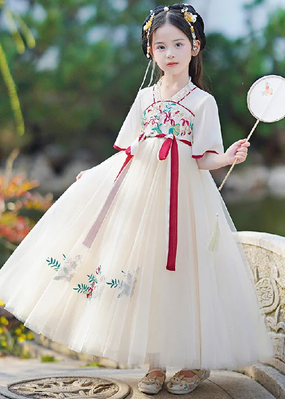 Online Impressions Boutique Casual Champagne V Neck Embroideried Patchwork Tie Waist Tulle Girls Long Dresses Summer