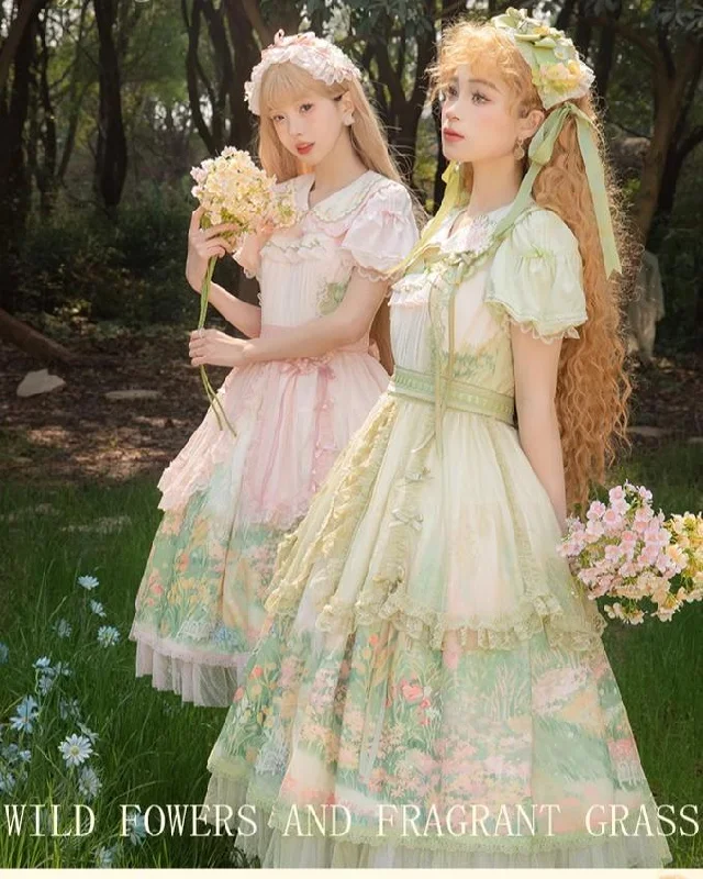 Classy Style Discounts Flower and Pearl Box~Wild Flowers and Fragrant Grass~Country Lolita Dress Floral Print JSK and OP Dress Set