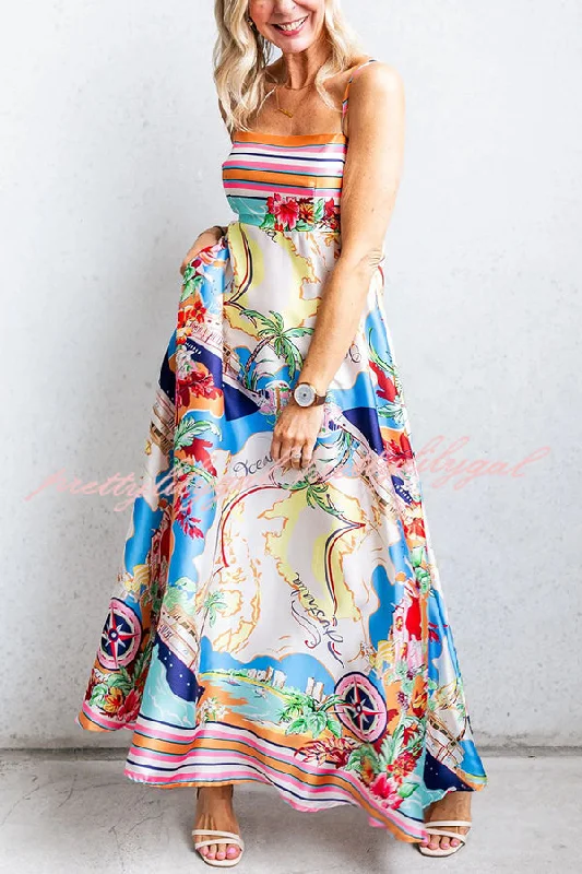 Fashion Forward Femininity Satin Resort Print Sling Back Pleated Maxi Dress