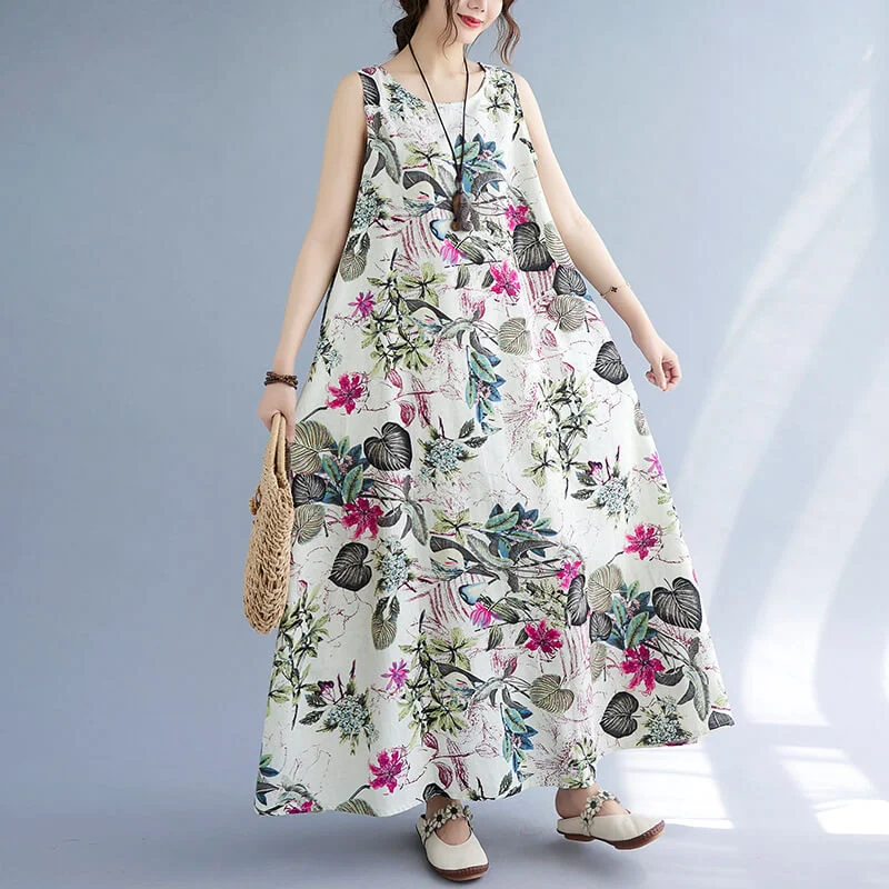 Sale For Women Babakud Plus Size - Summer Floral Printed Cotton Sleeveless Pinafore Dress
